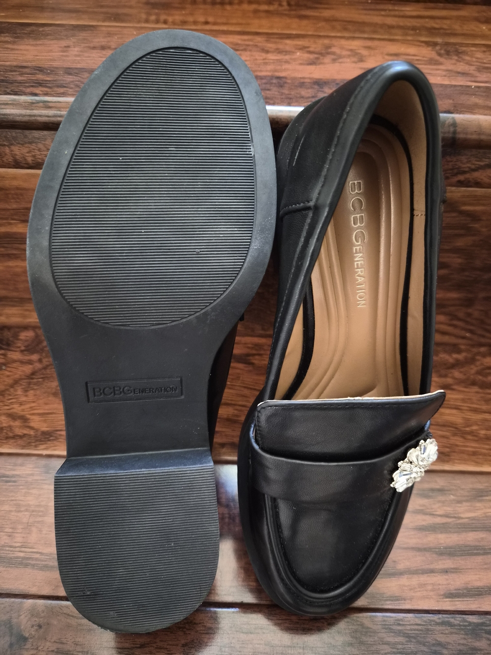 BCBGeneration Black Leather Loafer with Gold Crystal Brooch - Picture 3 of 9